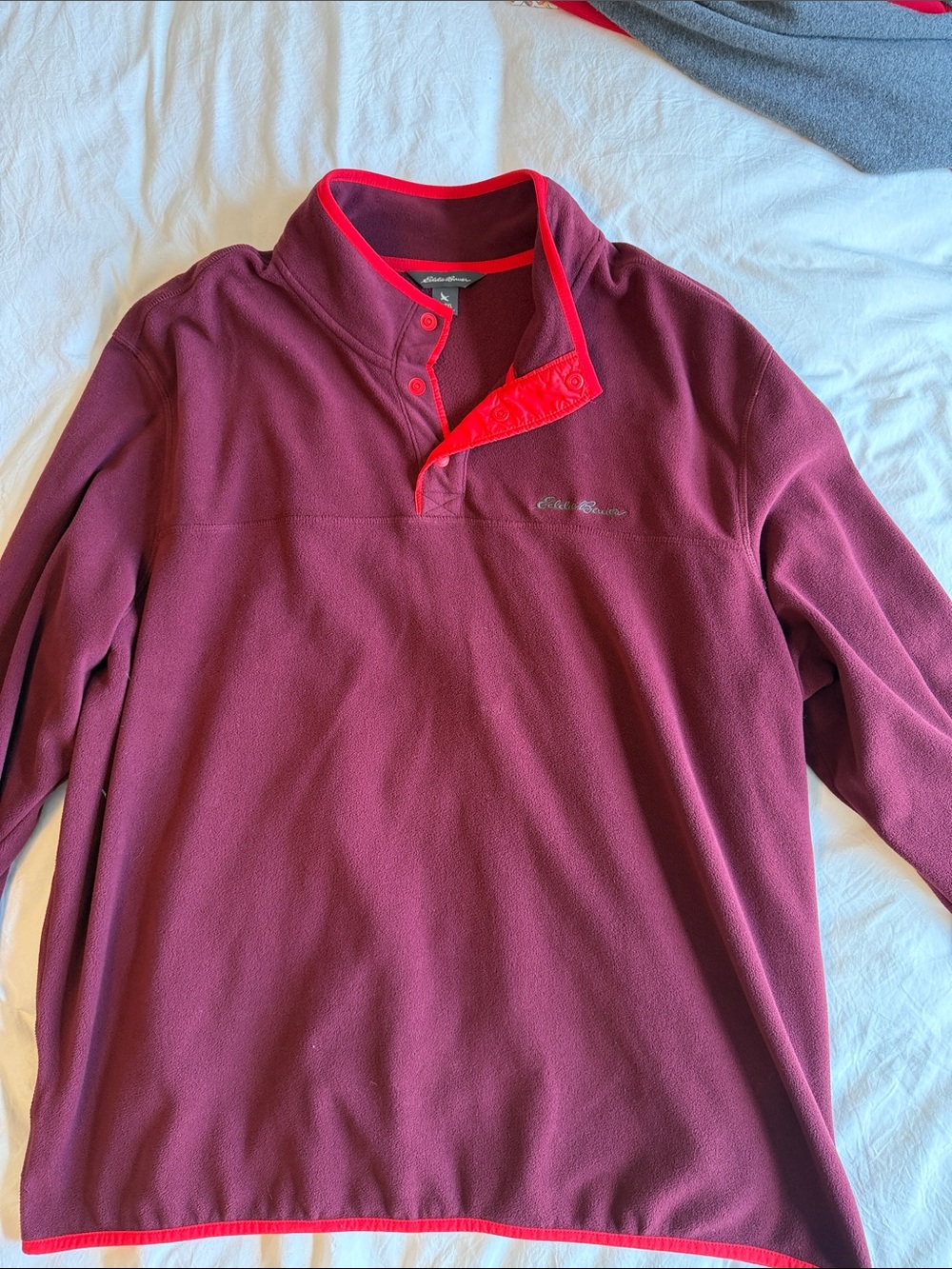 Eddie Bauer Burgundy Fleece Snap-Quarter Pullover with Red Trim